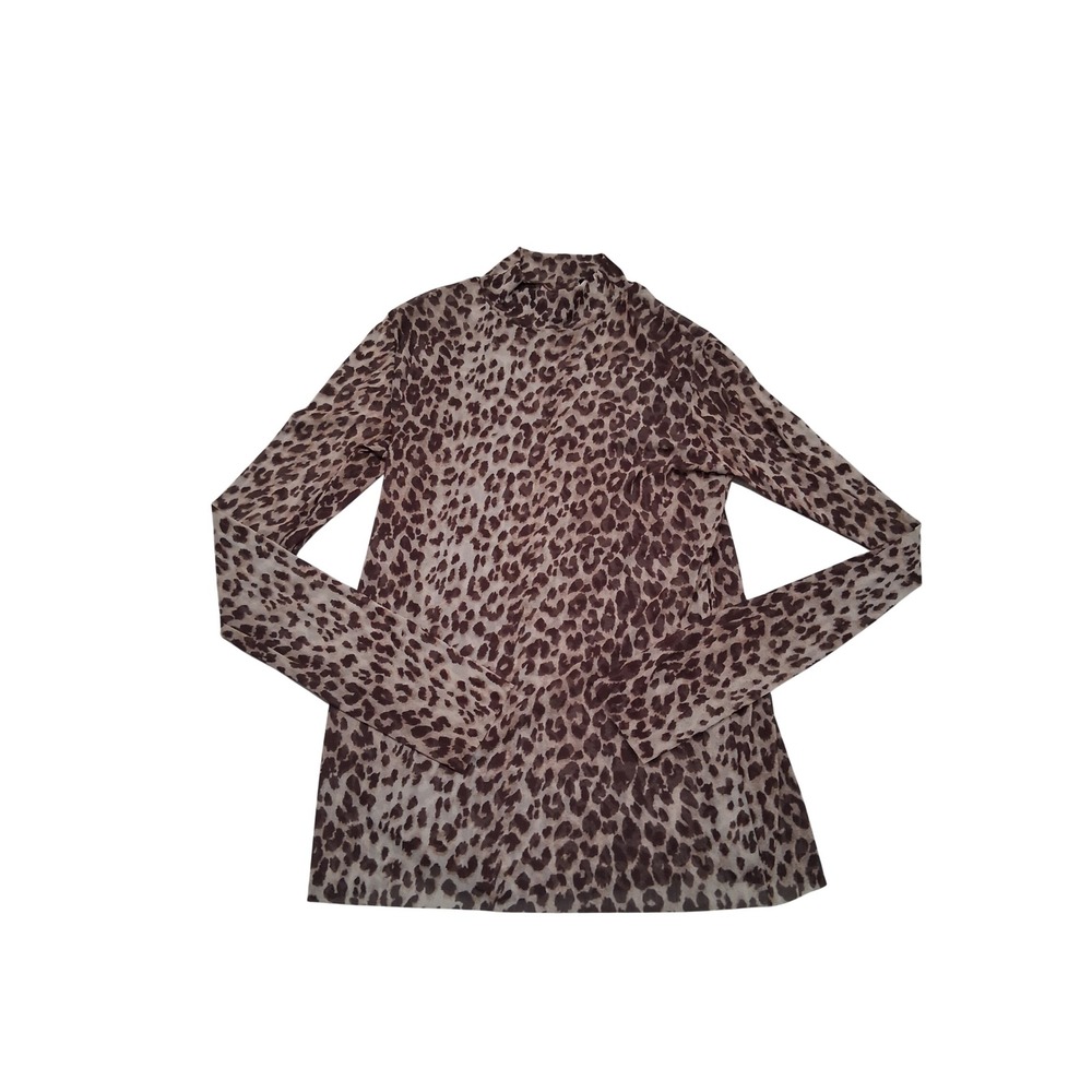 Willow + Root Womens Leopard Print Mesh Mock Neck Long Sleeve Top Brown Size L